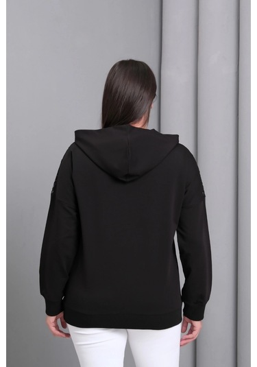 Yakası Taşlı File Detaylı Sweatshirt Siyah
