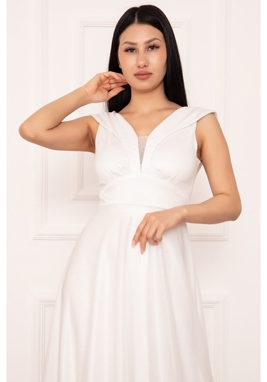 Kalopya Simli Tül Uzun Abiye Elbise 13280 Ekru