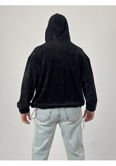 Kadife Dokulu Siyah Oversize Kapüşonlu Erkek Sweatshirt Coc1038 Siyah