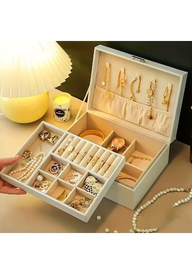 Kilitli Lüks Büyük Kapasiteli Takı Kutusu -beyaz