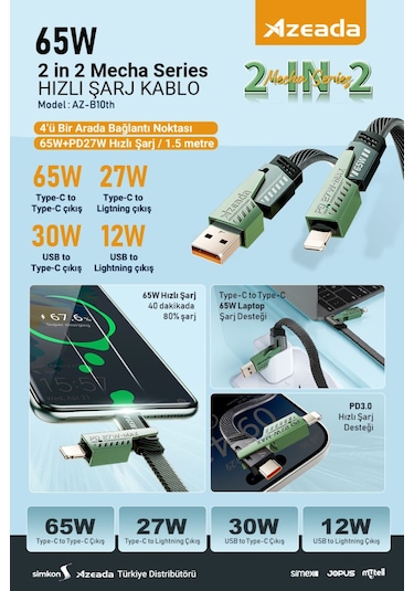 Azeada AZ-B10TH 65 W 2'in2 4'Lü Hızlı Şarj Kablosu 1.5 MT