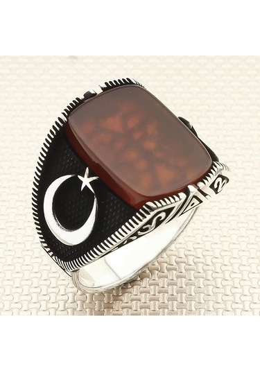 İpek Silver 925 Ayar Gümüş Kırmızı Akik Taşlı Ay Yıldızlı Erkek Yüzük
