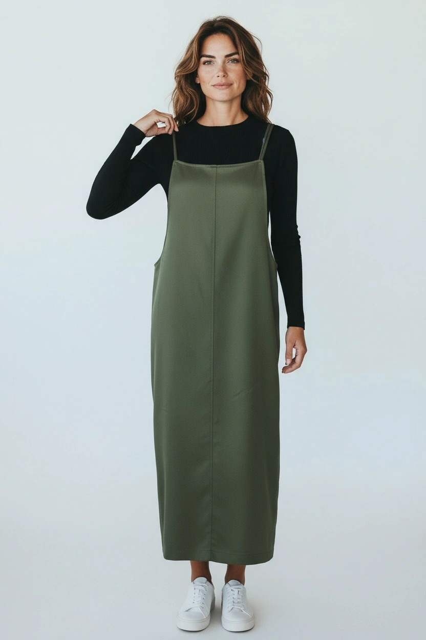 Kadın Ayarlanabilir İp Askılı Dabıl Kumaş Elbise Yeşil