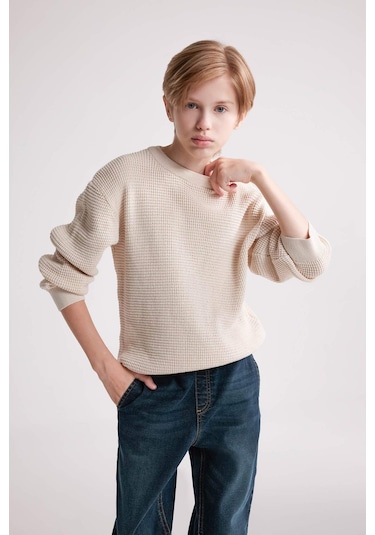 DeFacto Erkek Çocuk Bisiklet Yaka Basic Düz Triko Kazak C2270A824WNER233 Ekru