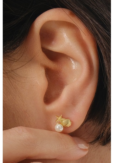 Gümüş Altın Yaldızlı İncili Okyanus Esintisi İstiridye Küpe Barcode Altın