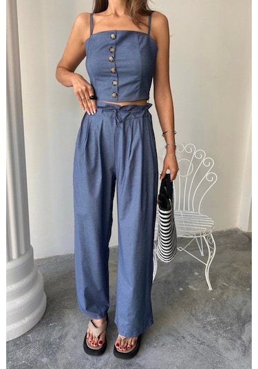 Tencel Crop Askılı Bluz - Şalvar Pantolon Tk - İndigo İndigo