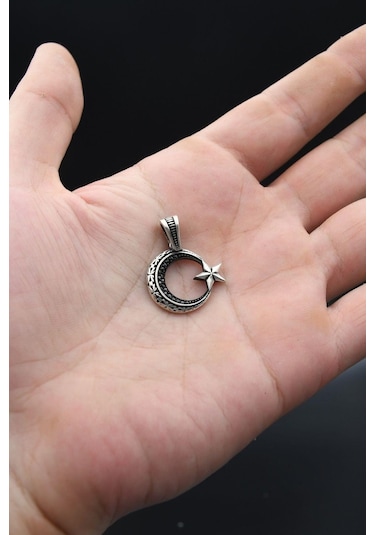 Kolye Ucu 925 Ayar Gümüş Ay Yıldızlı Ayyıldızlı Kral Zincir Desenli 901179