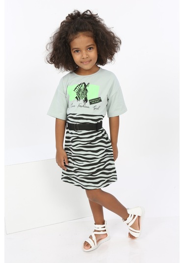 Toontoy Kız Çocuk Zebra Baskılı Elbise Yeşil