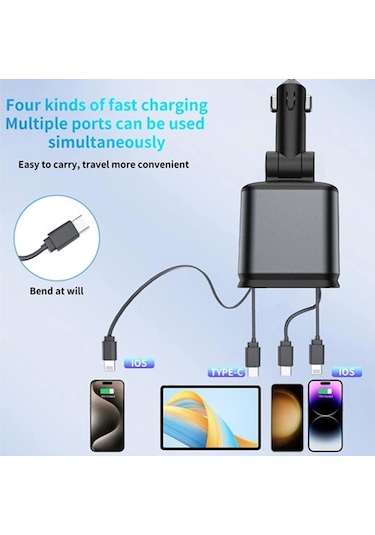 Vtn-01 4'ü 1 Arada Type-c Pd Hızlı Şarjlı 66w ,geri Çekilebilir Araç Telefonu Şarj Cihazı Siyah