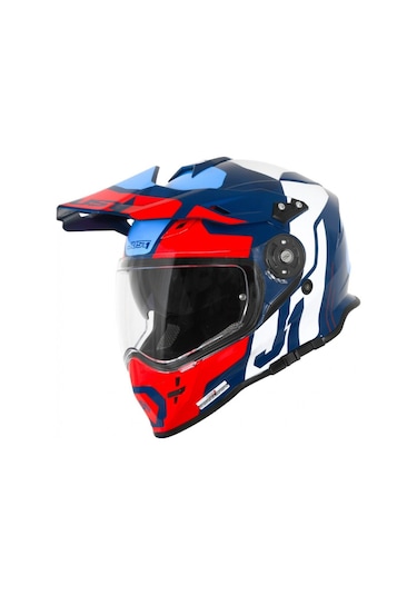 J34 Pro Tour Mavi-beyaz-kırmızı Güneş Vizörlü Cross Kask Çok Renkli