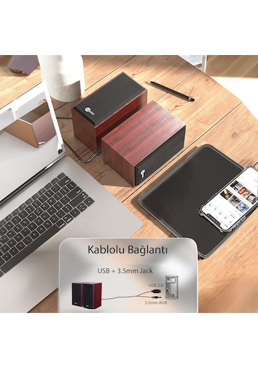 Lecoo DS105 Kablolu USB + 3.5mm Jack Girişli 6W Stereo Masaüstü Ahşap Hoparlör