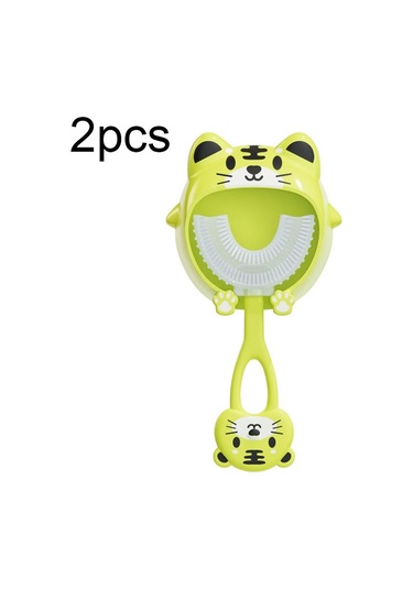 Sones S8 2 Adet Çocuk Karikatür Hayvan Manuel U Şeklinde Silikon Diş Fırçası 2-12 Yaş Arası Yeşil Kaplan