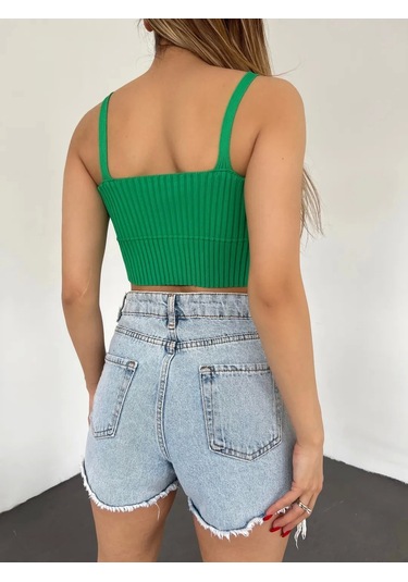 V Yaka Askılı Crop Triko Büstiyer Yeşil - Df2202 Çok Renkli