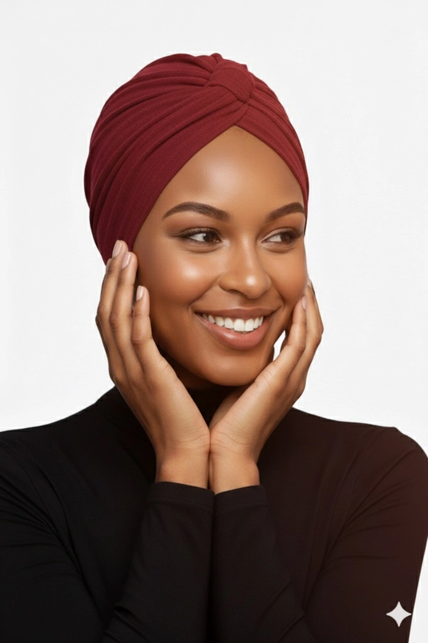 Pamuklu Bantlı Çapraz Astarlı Bordo Hazır Türban Tesettür Havuz Bonesi Bordo