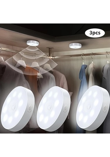 Fastbuy 3 Adet Takım Sıcak Beyaz Ayarlanabilir Parlaklık Led Hareket Sensörlü Gece Işıkları, Usb Şarj Edilebilir Pil Mutfak T Sıcak Beyaz