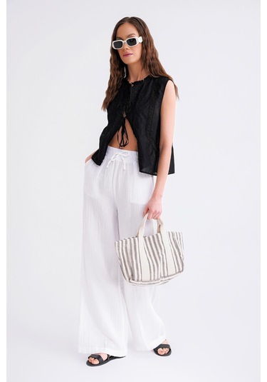 4286 Kadın Bol Paça Beli Lastikli Müslin Palazzo Pantolon Beyaz Beyaz