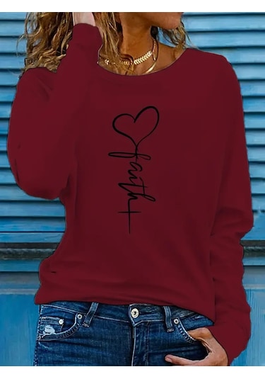 Supplierby Kadın Uzun Kollu Bisiklet Yaka Faith Baskılı Viskon Bluz Bordo