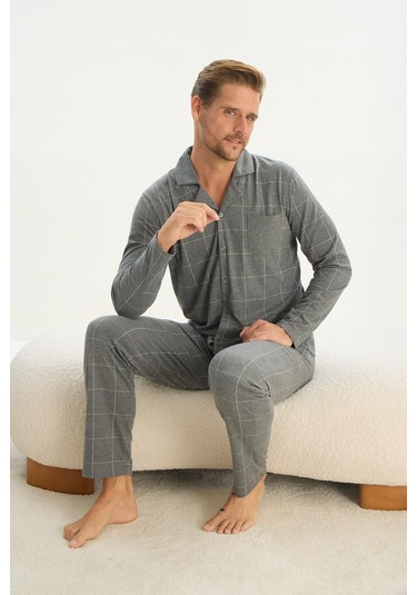 Erkek Uzun Kol Gömlek Yaka Önden Düğmeli Gri Pijama Takım C3t2n5o9 001