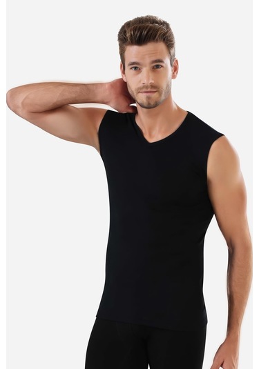 3 Adet Siyah Kolsuz Erkek Atlet V Yaka Sıfır Kol Tişört %100 Pamuklu Siyah