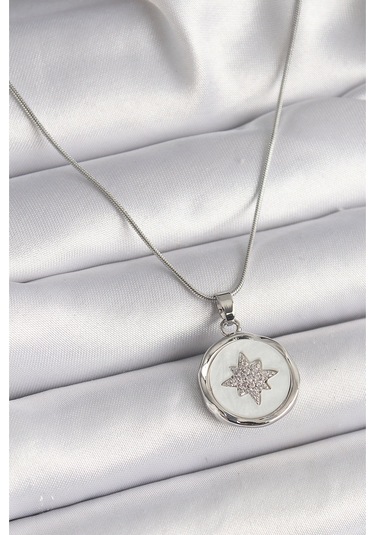316l Çelik Gümüş Renk Zincir Beyaz Sedefli Zirkon Taşlı Yıldız İşleme Model Kadın Kolye Diğer