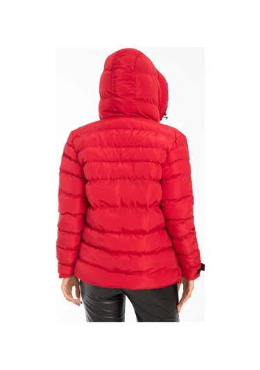 Kadın Kırmızı Kapüşonlu Içi Polarlı Kürklü Su Geçirmez Rüzgara Dayanıklı Şişme Mont Kırmızı