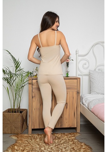 Kadın Krem Renkli Dantel Detaylı Şortlu Ve Taytlı Pijama Takımı 3'lü Set 75014 Krem