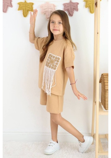 Örme Nakışlı Müslin Şort Takım KREM
