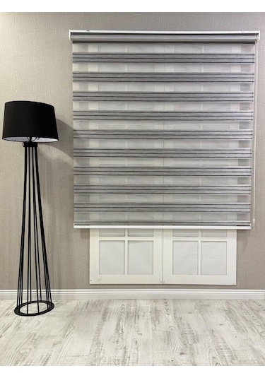 Zebra Stor Perde Dar Plise Güneşlik Antrasit Gri Çizgili Antrasit Gri