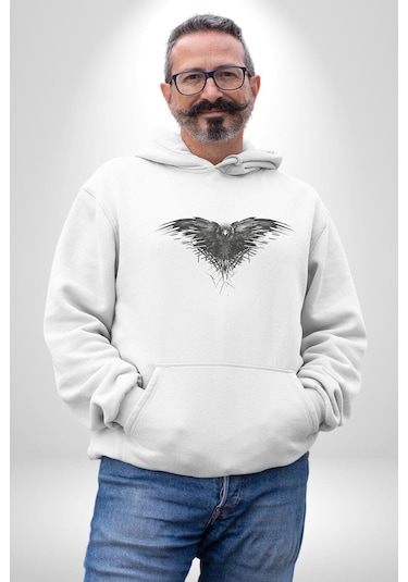 3 Gözlü Kuzgun Kadın Erkek Beyaz Kapüşonlu Sweatshirt Hoodie Beyaz