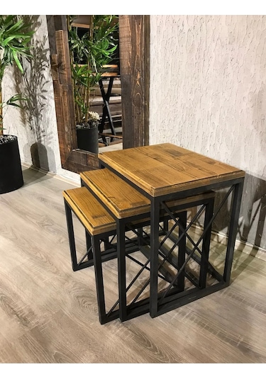 Deko 3'lü Zigon Sehpa Metal Ayaklı Doğal Ladin Ağacı