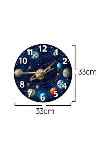 Gezegen Temalı Mdf Duvar Saati 33 Cm, 3d Görünümlü, 2d Hd Baskı, Sessiz Mekanizma Sdw234 Renkli
