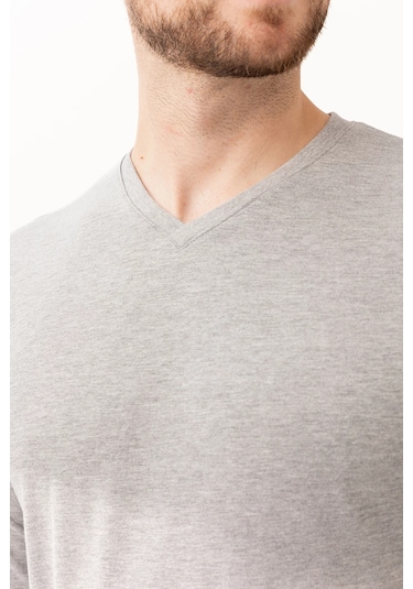 Gaura V Yaka Uzun Kollu T-shirt Gri Melanj