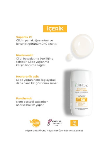 Sinoz Günlük Kullanım için Yüz Güneş Kremi SPF50+ 50 ML