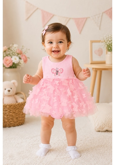Beniizle Kelebek Nakışlı Kız Bebek Elbise Pembe