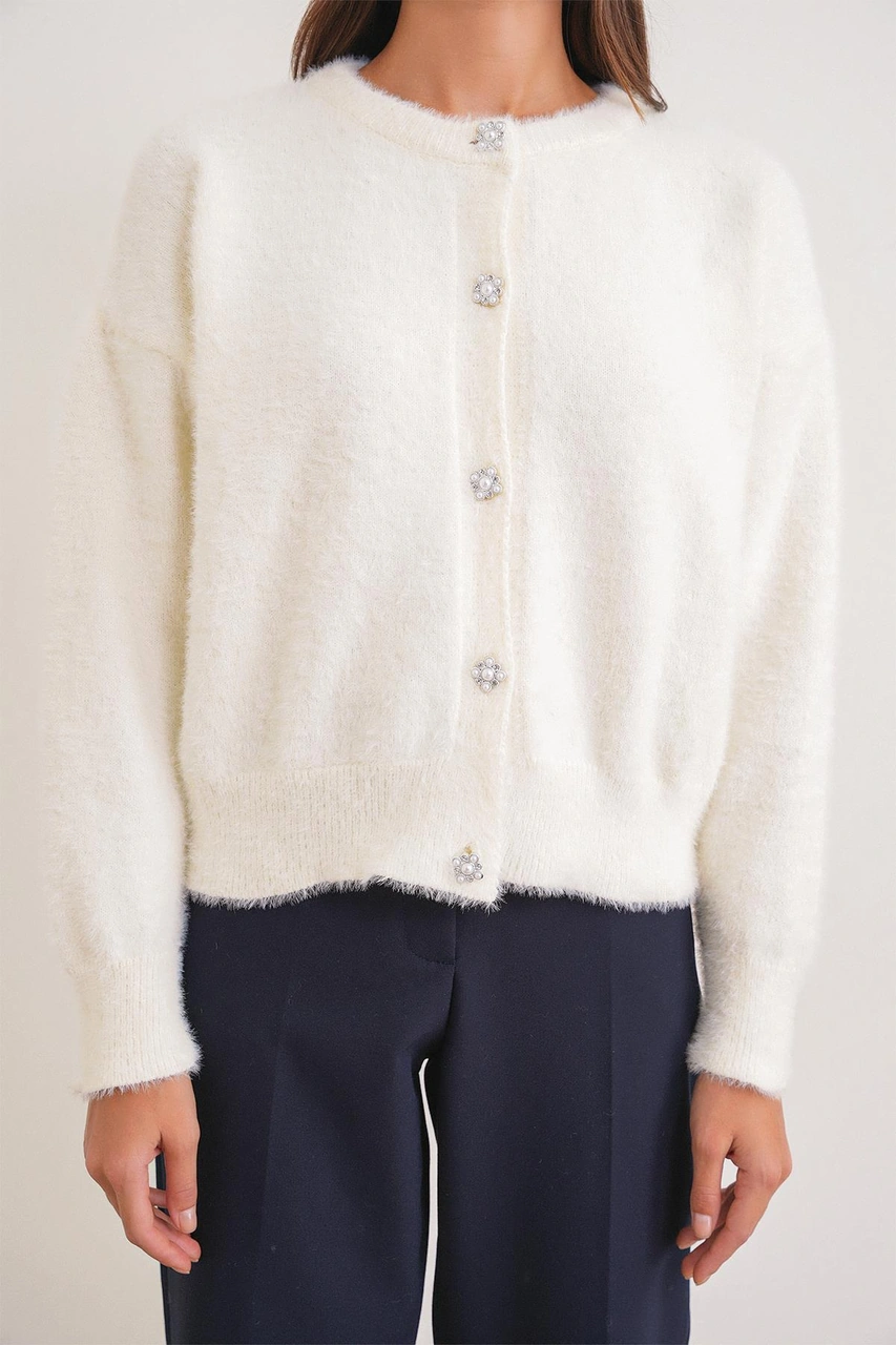 6902 Kadın Sakallı Basic Yumuşak Dokulu Triko Hırka Ekru Ekru