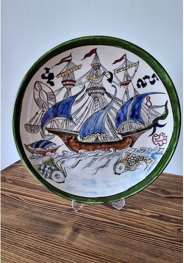 Geleneksel İznik Desenli Çini Tabak Kalyon Desen
