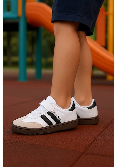 Günlük Unisex Çocuk Sneaker Bağcıklı Hafif Esnek Kaymaz Taban Ayakkabı 105 Beyaz Siyah