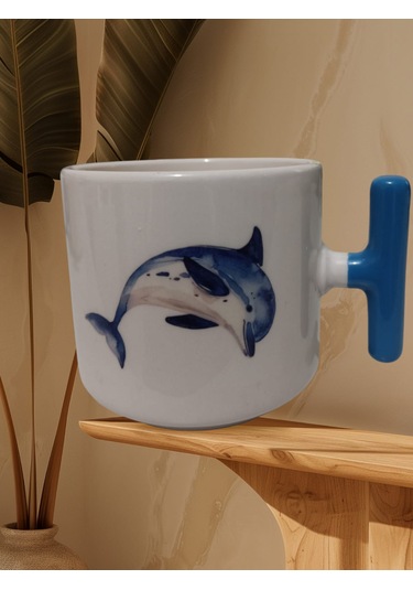 Sevimli Yunus Balığı Çift Taraf Baskılı T Kupa Bardak Mavi T