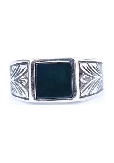 925 Ayar Gümüş Oniks Taş Desenli Erkek Yüzük