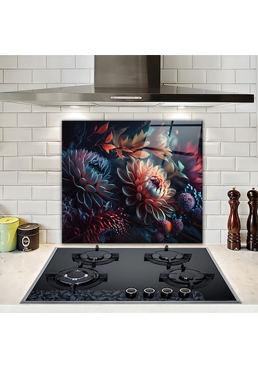 Cam Ocak Arkası Koruyucu Dark Flowers 52cm X 60cm