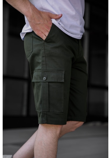 Haki Renk Kargo Cepli Gabardin Erkek Şort-1801 Haki