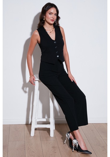 Lela Streç Fitted Fit V Yaka Düğmeli Bayan Yelek 5865971 Siyah