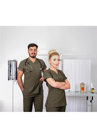 Likralı Cerrahi Forma Unisex Hemşire Doktor Sağlıkçı Forması Scrubs Üniforma Haki