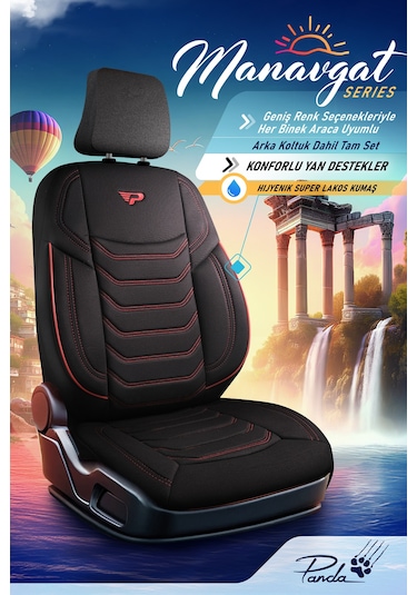 Siyah - Kırmızı Panda Manavgat Serısı Lakos Kumaş Oto Koltuk Kılıfı - Tam Set
