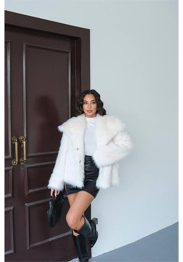 Neşeli Butik Kadın Ekru Astarlı Kürk Kaban Nbmylk32 Ekru