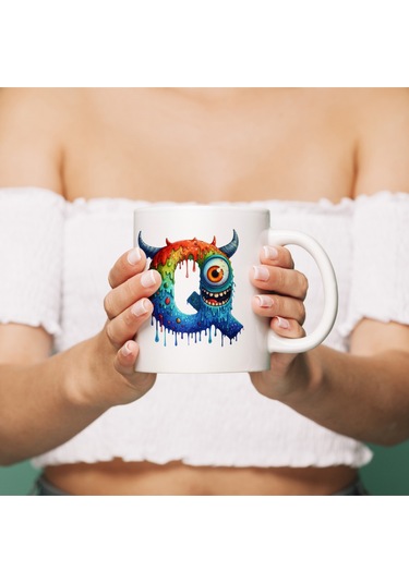 Q Harfi Bardak, Sevimli Canavarlar Harflı Bardak Hediyesi Porselen Beyaz