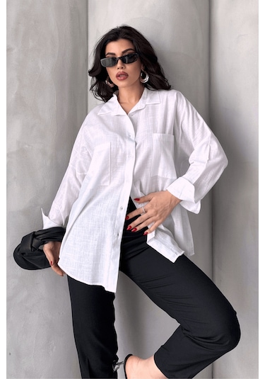 Paw Garage Kadın Harper Çift Cepli Oversize Keten Gömlek, 2025 Summer Collection Beyaz