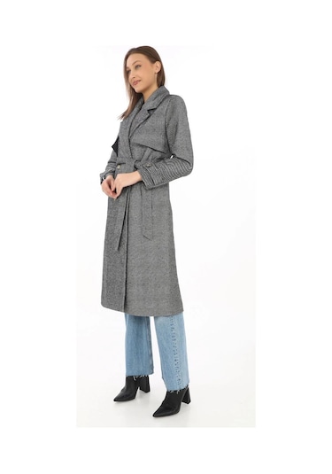 Kadın Balık Sırtı Kaşmir Uzun Kaşe Kaban - Füme Füme