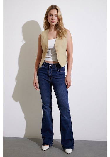 Never More Yüksek Bel İspanyol Paça Jean Koyu Lacivert Koyu Lacivert
