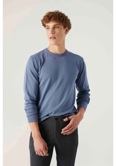 Regular Fit Koyu Mavi Tüylenme Yapmayan Bisiklet Yaka Triko Kazak Mavi